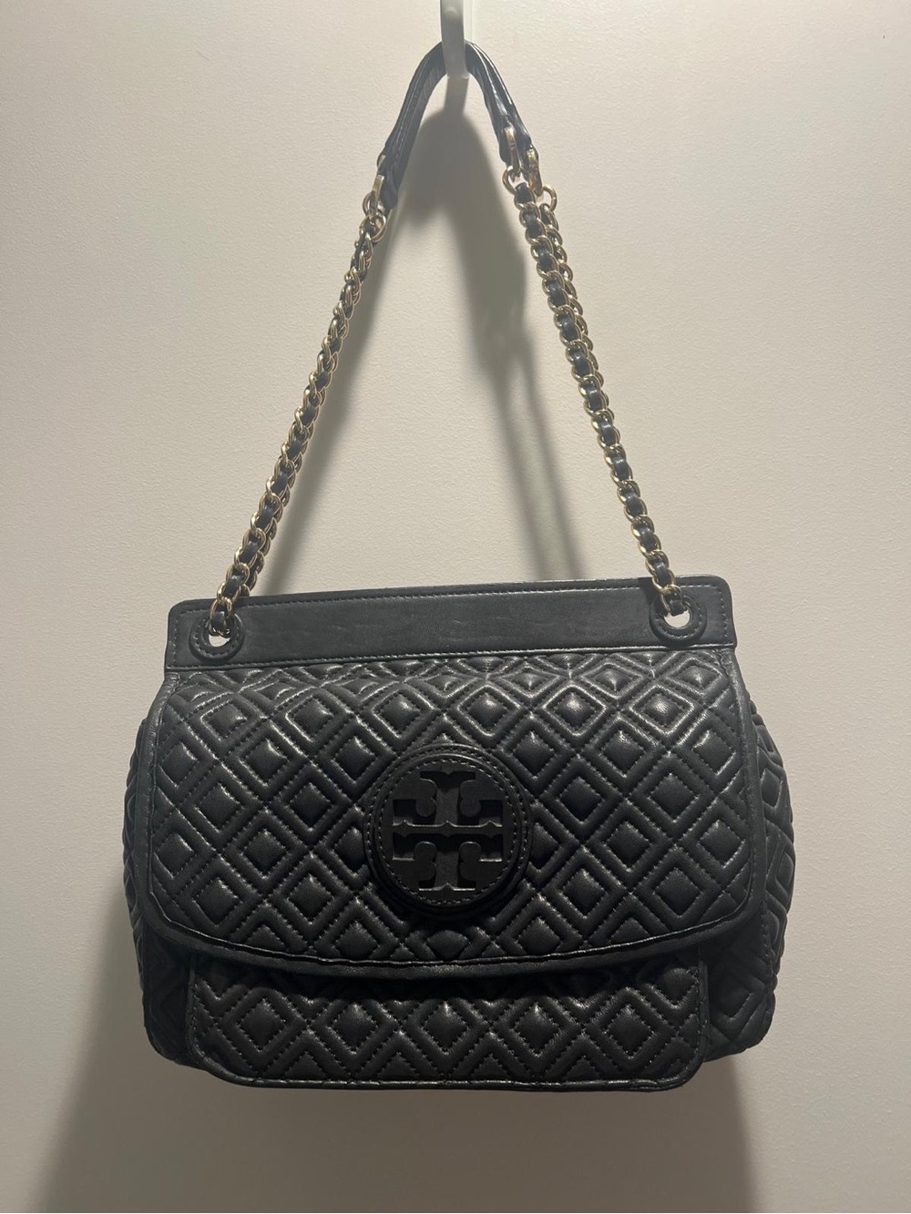 Tory Burch Black Quilted Shoulder Bag with Gold Chain Strap